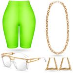 90s Outfit Woman Hip Hop Costume Set 90 Styles Clothing Gold Chain Earrings Sunglasses for Halloween Cosplay Party (Neon Green, X-Large)