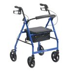 drive Blue 4 Wheel Walker Folding Rollator with Padded Seat, Locking Brakes, Height Adjustable Handles and Carry Bag