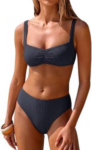 ANRABESS Womens Bikini Sets Two Piece Swimsuit Ribbed Front Ruched Mid Waisted Bathing Suit Color Block 2026 Beach Swimwear Navy Blue XL