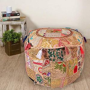 Radhykrishnafashions Vintage Embroidered Pouf Ottoman Footstool Cover Ottoman Stool Pouf Pillow, Ethnic Embroidered Pouf Cover, Ethnic Decor Art, (Beige, 13X18X18 INCH.)