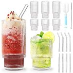 8 Pack Vintage Drinking Glasses Set, Ribbed Vintage Glass Cups with Straws, Origami Style Clear Ice Coffee Tumbler Stackable Glassware for Cocktail Whiskey Juice Water(11oz, 6oz)