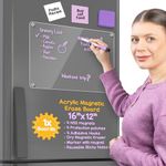 Siantell Acrylic Dry Erase Board - 16x12 Acrylic Note Board for Fridge - Includes Dry Erase Marker, Eraser, Reusable Sticky Notes and Adhesive Wall Hooks - Frameless Acrylic Fridge Board