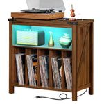 Large Record Player Stand with Charging Station & LED Lights, Brown Vinyl Record Storage Holder Holds up to 230 Albums, Turntable Stand with Display Shelf for Music Room Bedroom Living Room.