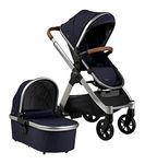 BABABING Raffi Pushchair 3-in-1 Travel System, Baby Pushchair Buggy, Adjustable Seat Unit and Carry Cot with Canopy, Ubersnug Footmuff & 2 in 1 Rain Cover for Newborn - Navy Blue