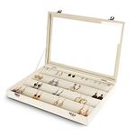 Frebeauty Earring Organizer Tray with Clear Lid 64 Slots Velvet Drawer Insert Earring Storage box with Transparent Glass lid Jewelry Display Case Store Showcase Gifts for Girls Women(Beige, Earrings)