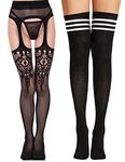 Xs and Os Combo Offer ! Pair of Women Fishnet Stocking and Thigh High Women Socks (Pack of 2 (Black, Black), Free Size)