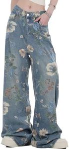 kakarin choyx Women's Fashion High Waist Wide Leg Denim Pants Casual Y2K Streetwear Vintage Flowers Printed Baggy Jeans L