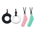 4 Pcs Chew Teether Necklace, Donut & Feather Shape Soft Sensory Nursing Tools for Kids with Teething, ADHD, Autism, Biting Needs, Oral Motor Silicone Chewy Pendant for Adult & Baby to Wear