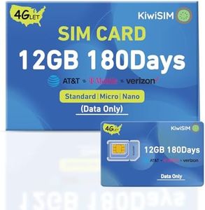 KiwiSIM USA Data SIM Card 12GB 180 Days, 4G LET SIM Card Support for AT&T, T-Mobile and Verizon, SIM Card for Unlocked Cellular Security Cameras/Router/Mobile WiFi Hotspot/Tablet/Hunting Trail Camera