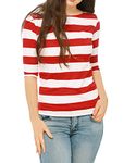 Allegra K Women's Elbow Sleeves T-Shirt Casual Boat Neck Slim Fit Tee Red Large