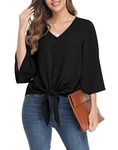 VIISHOW Women's Button V Neck Chiffon Tops 3/4 Bell Sleeve Tie Knot Casual Blouses Loose Summer Shirts, Pure Black, X-Large