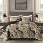 DJY Black Paisley Quilt Set King Black and Gold Boho Bedspread Coverlet Set 3 Pieces, Soft Lightweight Microfiber Paisley Floral Pattern Bedding for All Season, 104"x90"