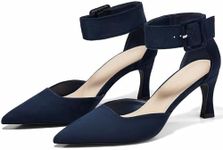 Coutgo Womens Kitten Low Heels Closed Pointed Toe Ankle Buckle Strap Pumps Suede Dress Wedding Shoes, Navy Blue, Size 7.5