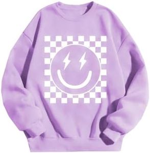 SHENHE Girl's Checkered Sweatshirt Smiley Face Graphic Cute Preppy Crewneck Sweatshirt Pullover Top Fall Purple 11 Years