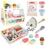 Wooden Ice Cream Toys Set for Kids, Ice Cream Counter Shop Playset Toddler Pretend Play Kitchen Food Accessories, Ice Cream Shop Pretend Food Toys for 3 4 5 6 Year Old Girls & Boys