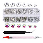 HANNEA Nail Art Kit Flat Back AB Crystal Rhinestones and Clear Crystal Rhinestones with Pick Up Tweezer and Rhinestone Picker Dotting Pen(1500 PCS, 6 Sizes)