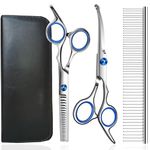 Dog Grooming Scissors, Jiasoval 4-in-1 Dog Grooming Kit with Safety Round Tip, Professional Grooming Shears Set Hair Cutting Trimming Scissors with Steel Comb & Leather Pouch for Dogs Cats Pets