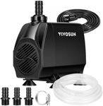 VIVOSUN 1050 GPH 100 W Submersible Water Pump, Quiet Fountain Pump with 13.1 ft Head Lift, 6.6 ft Power Cord, 3 Nozzles, 6.6 ft Tubing, & 2 Clamps, For Fish Tank, Pond, Aquarium, Hydroponics