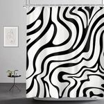 Riyidecor Retro Black White Shower Curtain 60Wx72H Inch Abstract 70s Art Waves Stripes Geometric 60s Vintage Simple Aesthetic Artistic Bathroom Decor Fabric Polyester Waterproof 12 Pack Hooks