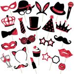 24 Pieces Funny Photo Booth Props for Birthday Weddings Prom Disco Mardi Gras Party Supplies Mix of Hats, Lipstick, Tie, Crowns(Red and Black)