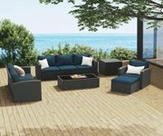 OMCCO 7 Seater Conversation Wicker Sofa Set with Center Table and Side Table, Outdoor Patio Furniture Set with Cushions for Poolside, Garden, Balcony, and Terrace.(Dark Brown and Nevy Blue)