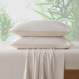 NATUREFIELD 4Pcs Cooling Sheets Set Full Size Rayon Derived from Bamboo Bed Sheets Soft Breathable 1 Flat Sheet, 1 Fitted Sheet, 2 Pillowcases Beige
