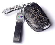 JVCV® Soft Handmade Lychee Pattern Leather Key Cover Compatible with Hyundai Creta Venue Aura Elite i20 Grand i10 Nios Xcent 3 Button Flip Key (Black)