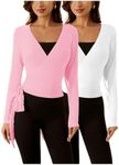 SweatyRocks Women's 2 Pack Yoga Shirts Wrap Ruched Tie Front Long Sleeve Workout T Shirts Pink and White Large