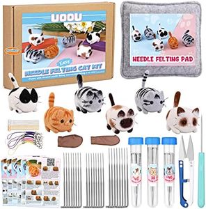 UOOU Needle Felting Beginners Kit with Storage Box, Needle Felting Supplies with 24 Pcs Felting Needles, Felting Pad, Awl, Yarn Scissors, Wool Roving, Instruction Manual, DIY Needle Felting Cat Dolls