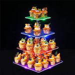 4 Tiers LED Acrylic Cupcake Stand, Ulifeme Rechargeable LED Light Square Clear Dessert Display Stand Cupcakes Tower for Christmas, Wedding, Anniversary, Baby Shower & Birthday Party,15/20/25/30cm Tier