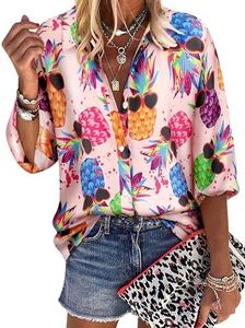 ZXZY Women Pineapple Printed Lapel Collar Half Sleeves Buttons Down Blouse Shirt