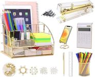 yuun Desk Organizers and Accessories 9PS Set, Gold Office Organizer and Supplies for Women Storage with Acrylic Stapler, Calculator, Clips Set, Pen Holder, Phone Stand, Ruler, 1 Pen and Staples