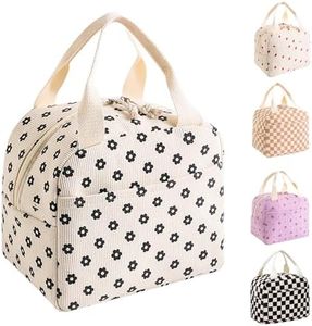 Chamgeco Insulated Lunch Bag for Kids & Adults, Reusable Corduroy Lunch Box Tote Bags, Leakproof Cooler Bag for Work Office Picnic School Travel BBQ, Large Capacity & Cute Design (Beige Floral)