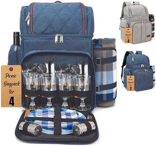 Rnoony Picnic Backpack for Camping, Picnic Basket for 4 with Insulated Cooler Bag and Bottle Pouch, Picnic Bag with Lightweight Blanket and Cutlery Set for Family, Couples and Hiking