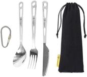 SILVERANT Titanium Camping Flatware, Knife Fork & Spoon 3 Piece Camping Cutlery Set Lightweight Tableware for Lunch Box Outdoor Camping & Hiking, Comes with Drawstring Bag & Carabiner- Polished