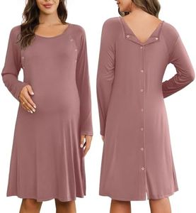 Ekouaer Women Maternity Nightgown Labor Delivery Nursing Gown Hospital Breastfeeding Dress Button Down Long Sleeve Sleepwear Dusty Pink S