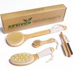 AIFEIVICO Dry Brushing Body Brush, 4 Pack Exfoliating Dry Brush, Long Handle Shower Brush, Face Brush, Feet Brush, Natural Boar Bristles & Massage Nodules Brush for Lymphatic Drainage, Cellulite