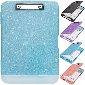 Glitter Clipboard with Storage,Storage Clipboard with Pen Holder,A4 Binder Clip Boards 8.5x11 with Low Profile Clip,Side Opening Sparkle Clipboards, Clipboard Folder for Office Supplies-Aqua Blue