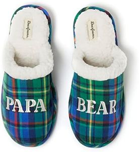 Dearfoams Men's Gifts for Dad Funny Fathers Day Papa Bear Slipper, Green Plaid, 9-10