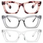 REAVEE Oprah Style Reading Glasses for Women, Blue Light Blocking Cute Oversized Square Computer Readers Spring Hinge, Pink Leopard/Grey/Clear, 1.75