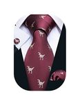 Barry.Wang Burgundy Dinosaur Mens Ties and Pocket Square Cufflinks Silk Necktie Designer Set