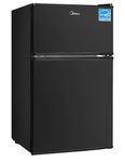 Midea WHD-113FB1 Double Door Mini Fridge With Freezer For Bedroom Office With Adjustable Legs Removable Glass Shelves Compact Refrigerator, 3.1 Cu Ft, Black