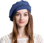 ZLYC Women Knit Beret Handmade Crochet Cutout Hat Lightweight Slouchy Autumn Hat (Plain Navy),One Size