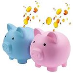 Anzices Set of 2 Cute Piggy Bank, Blue & Pink Unbreakable Plastic Coin Bank for Boys and Girls Children's Toy Gift Savings Jar - Medium Size