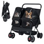 COSTWAY Double Pet Stroller, Foldable Dog Travel Pushchair Cat Buggy with 2 Carriers, Adjustable Sunshade, Removable Pad, Storage Basket, 4-Wheel Pet Travel Cart (Black)