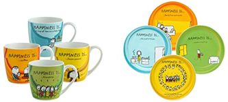 Clay Craft - Happiness is Ceramic Coffee Mugs Alton, Set of 4, 240ml Happiness is Ceramic Mini Snack Plates, Set of 4, 5", Multicolour