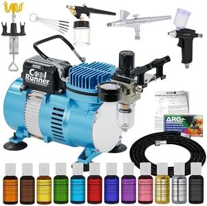 Master Airbrush Cool Runner II Dual Fan Air Compressor Pro Cake Decorating System Kit with 3 Airbrushes, Gravity and Siphon Feed, 12 Color Chefmaster Food Coloring Set - How-to Guide, Cupcake, Cookie