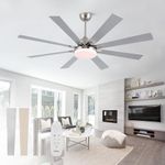 POCHFAN 62 inch Ceiling Fans with Lights and Remote Control, Modern Brushed Nickel Ceiling fan with 8 Wooden Blades for Kitchen Living Room Patio, Quiet DC Motor, 3 CCT Dimmable,6 Speed