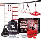 Ninja Obstacle Course for Kids Backyard - 10 Durable Obstacles and 15m Slackline - Outdoor Playset Equipment for Girls & Boys with Climbing Net & Ladder, Wheel, Warrior Gymnastics & Monkey Bars