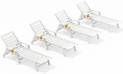 SERWALL Patio Chaise Lounge Chair Set of 4, 5 Positions Adjustable Poly Outdoor Lounger for Pool, HDPE Lounge Chair with Rolling Wheels & Cup Holder for Poolside, Deck, White